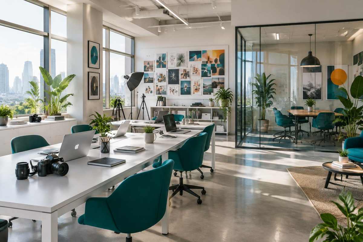 Bright creative workspace for the fictional PixelPeak Marketing studio