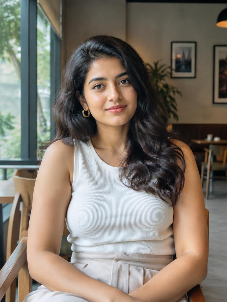 Fictional young Indian woman in a contemporary Bengaluru cafe