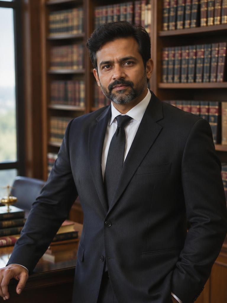 Fictional Indian lawyer in a refined law library