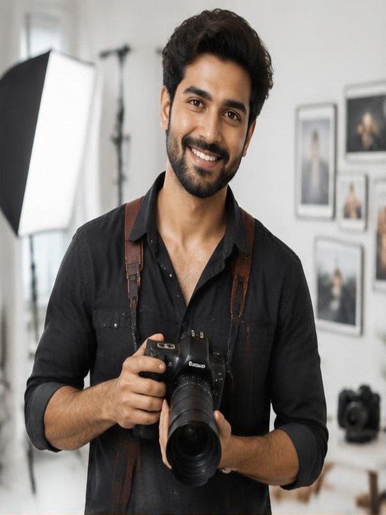 Fictional Indian event photographer in a creative studio