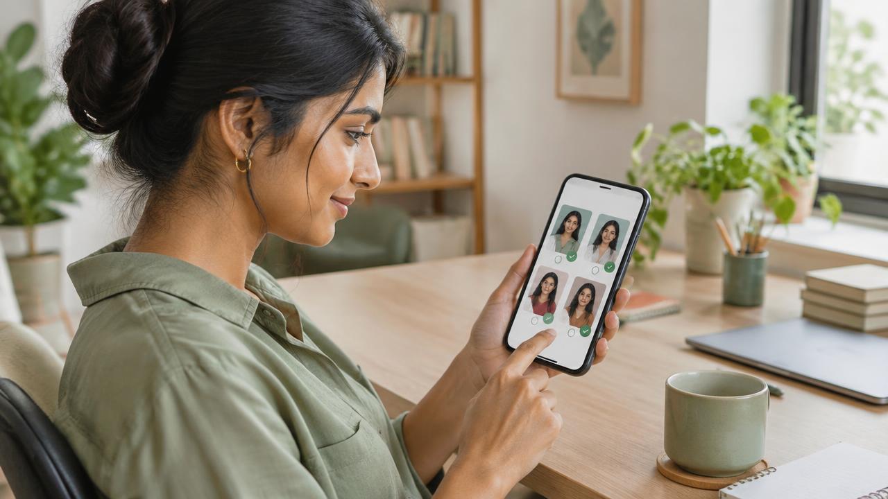 Professional reviewing selected profile photo suggestions on a smartphone