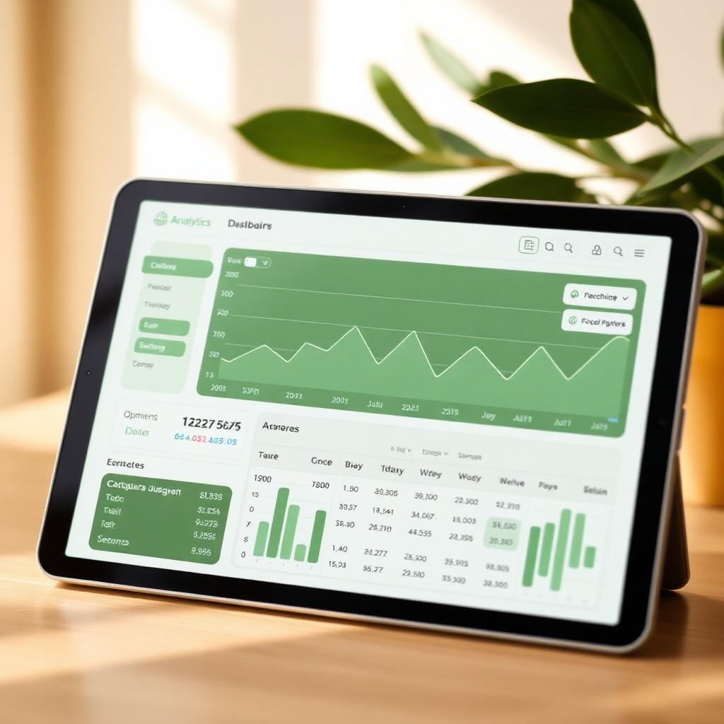 A tablet on a warm wooden desk showing a green analytics dashboard with line charts and date pickers, plant in the background