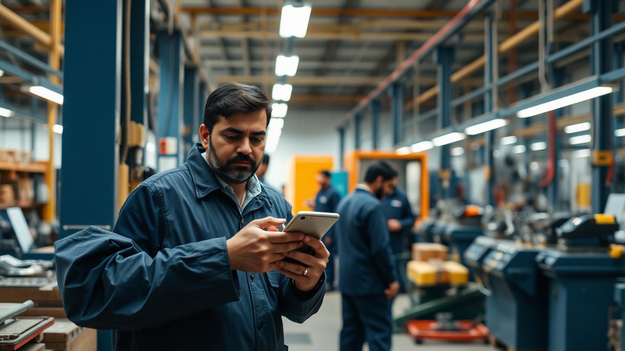 Operations manager scanning a tagged piece of industrial equipment in a bright warehouse