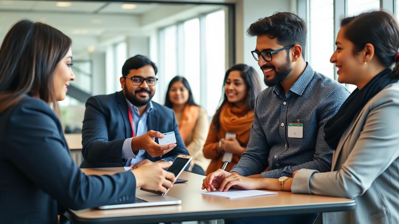 Human resources team onboarding a diverse group of employees with laptops and identity cards