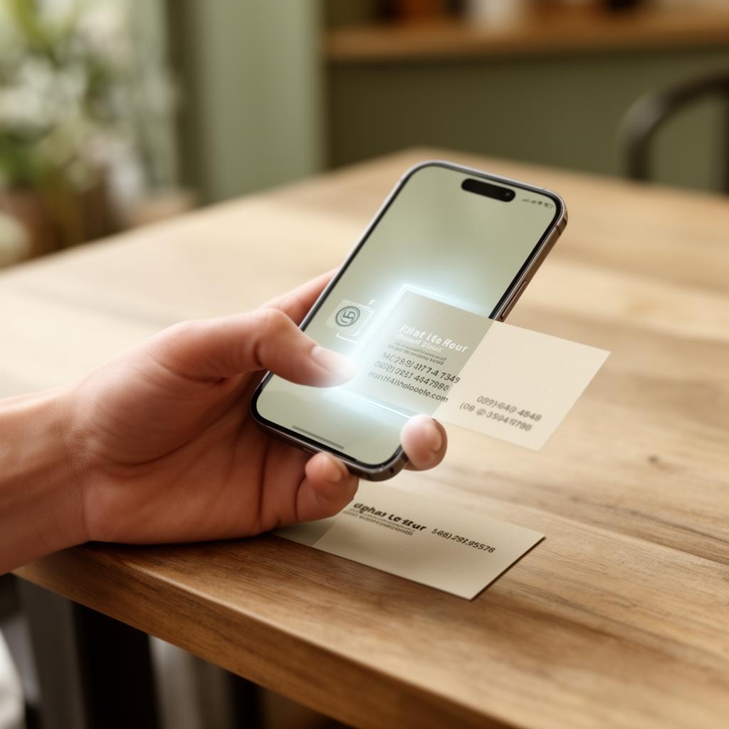 A phone scanning a paper business card with a soft glow