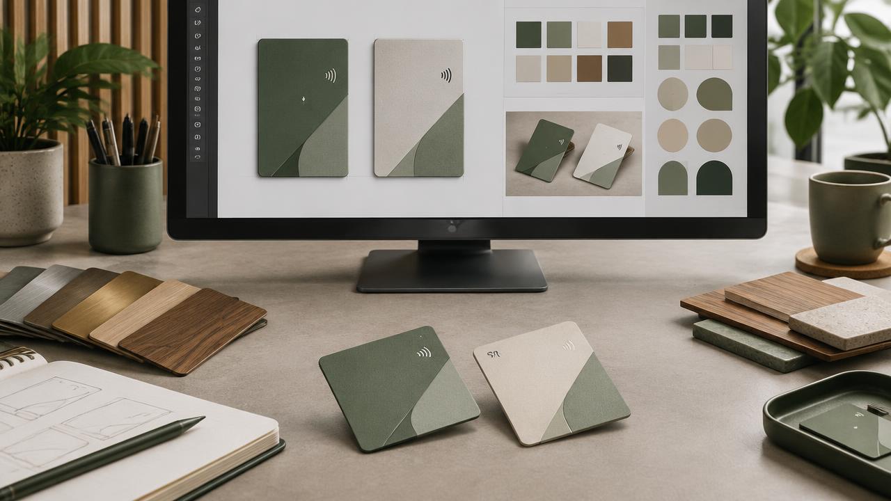 Two-sided NFC card designs and material samples in a professional design workspace