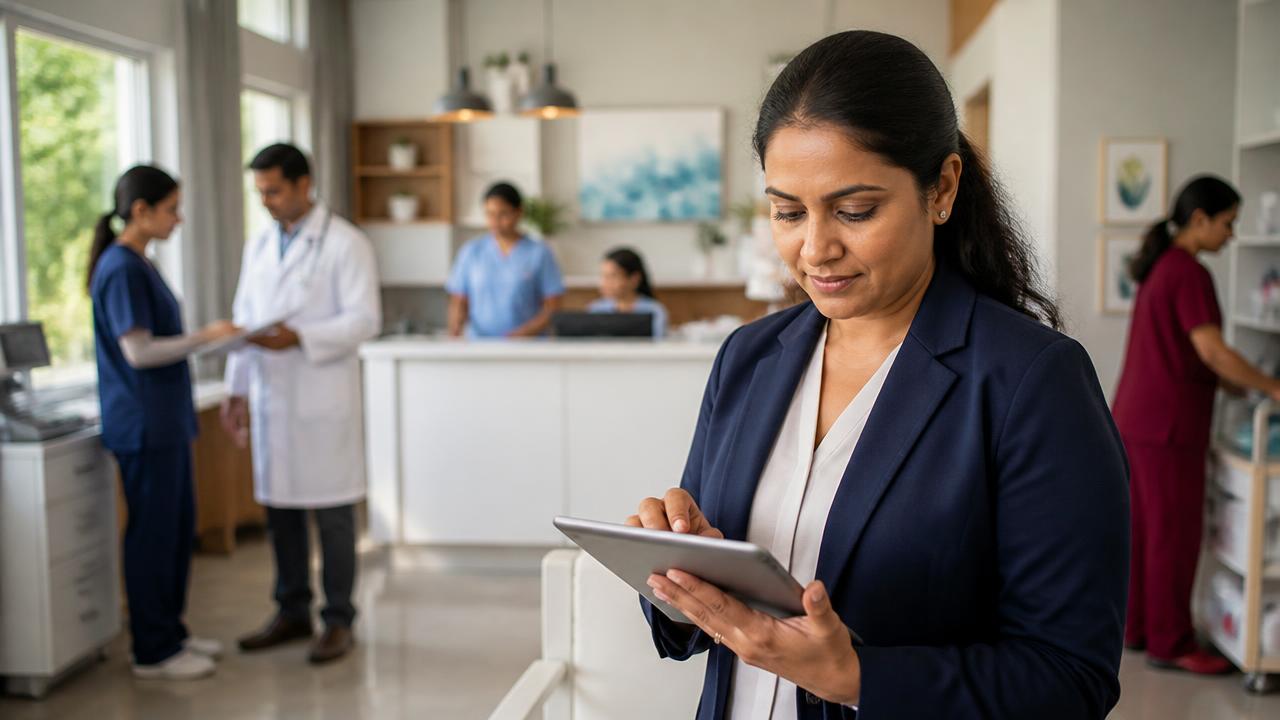 Indian clinic operations manager using a tablet while medical staff work nearby