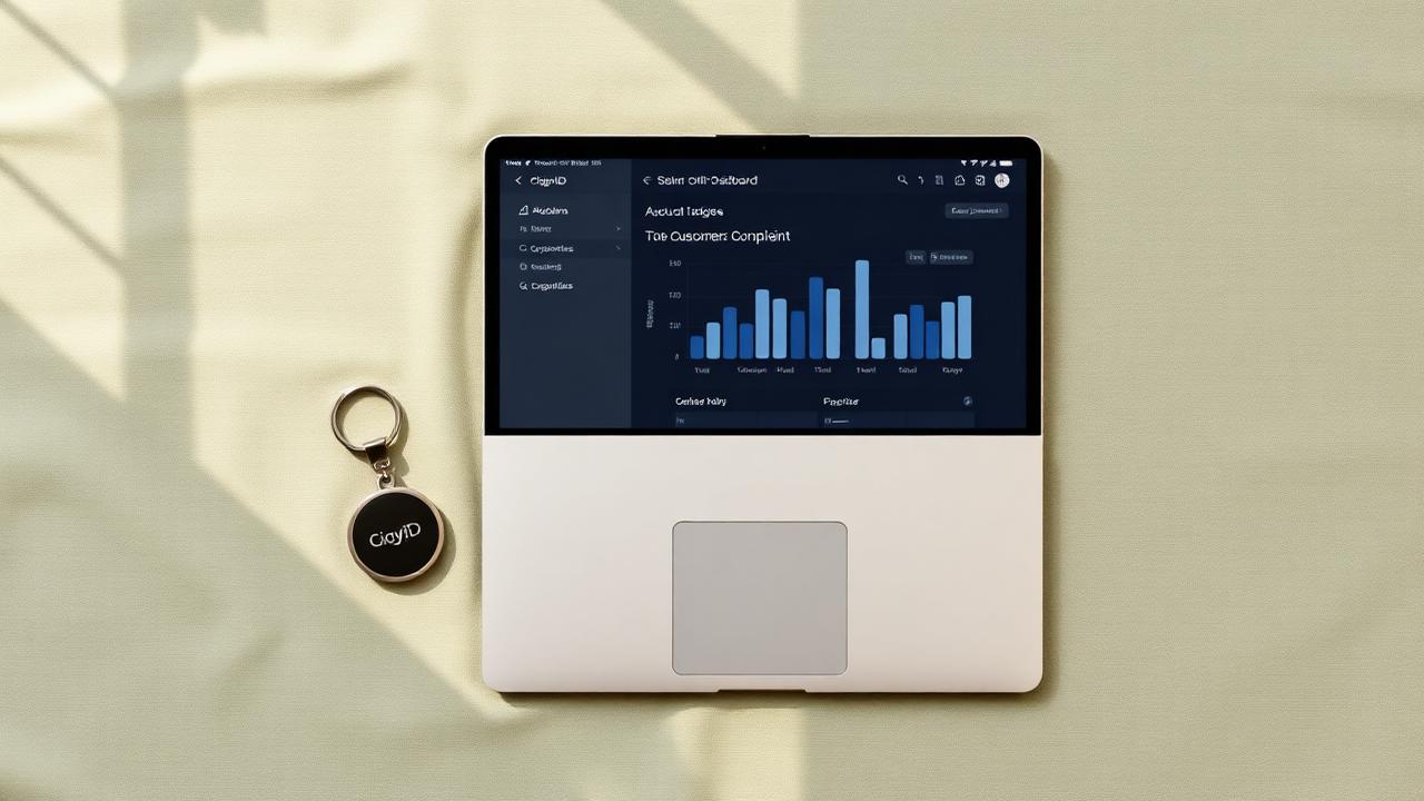 Laptop showing a CigyID complaints dashboard beside a sage-toned NFC keychain