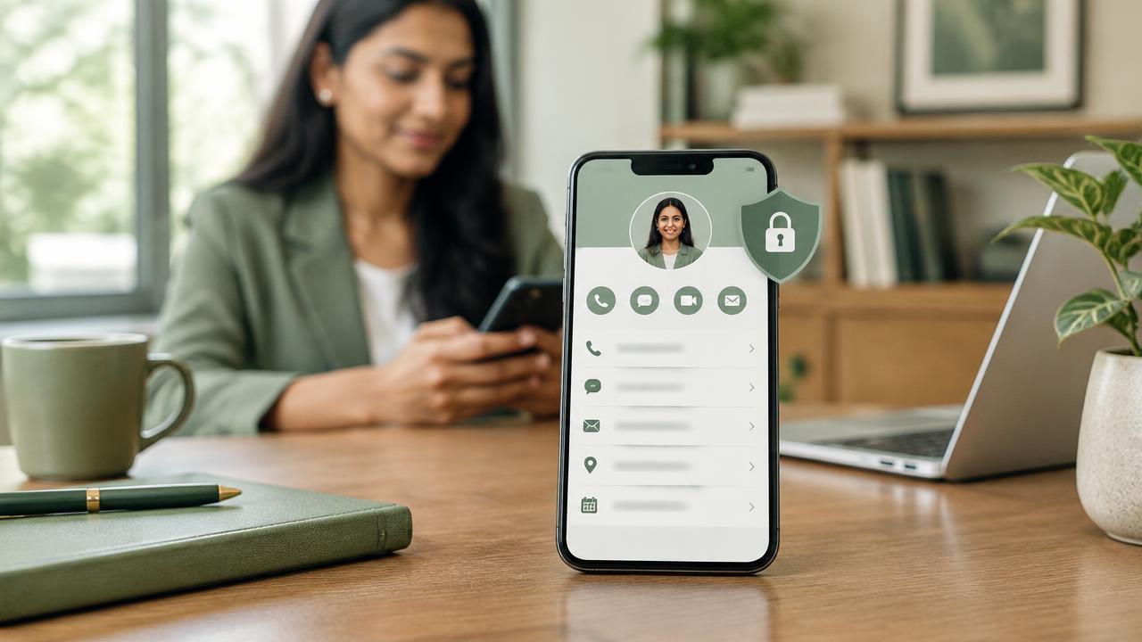 Digital contact profile showing selected contact methods and a privacy shield