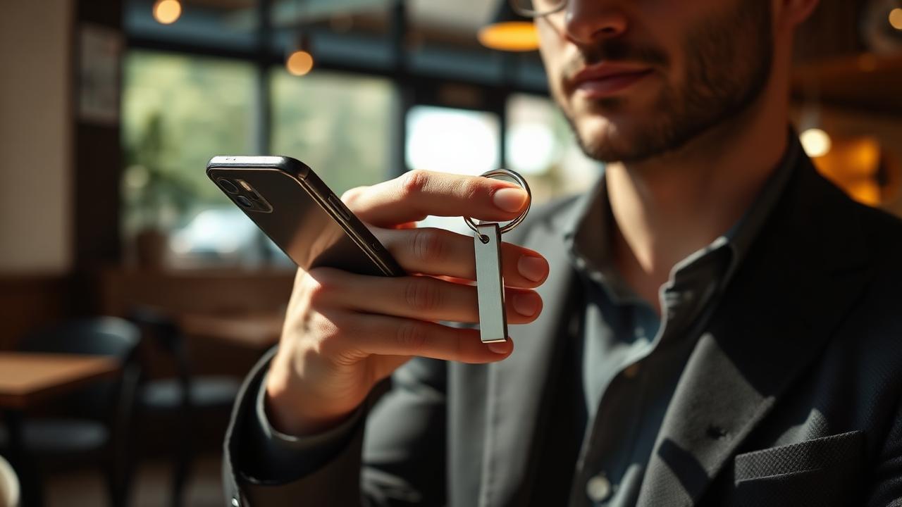 Person holding a premium CigyID keychain in a warmly-lit cafe