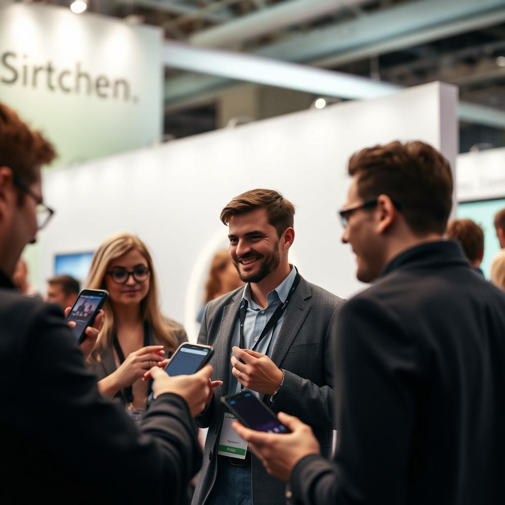 Marketing team at a trade show booth letting attendees tap a single branded NFC tag