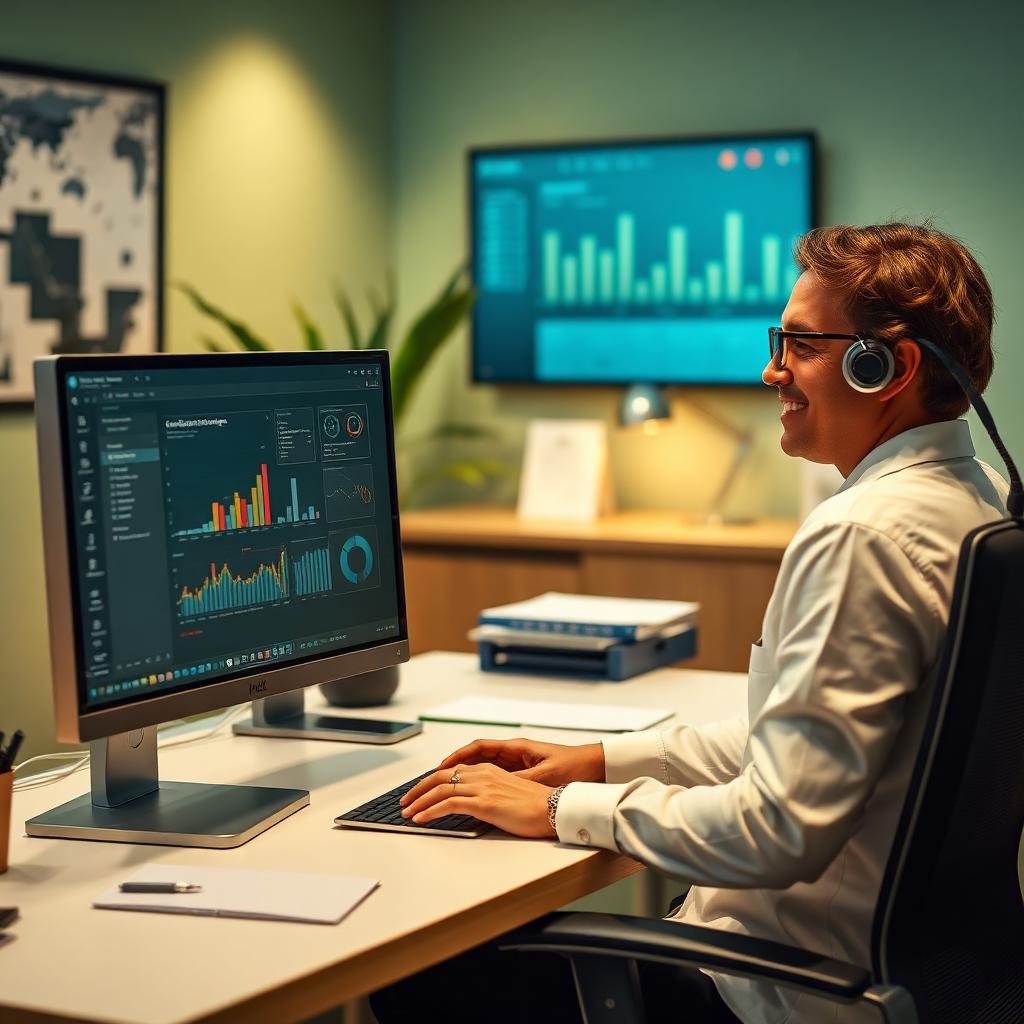 An HR manager reviewing a candidate pipeline dashboard with charts on a calm sage-green workstation