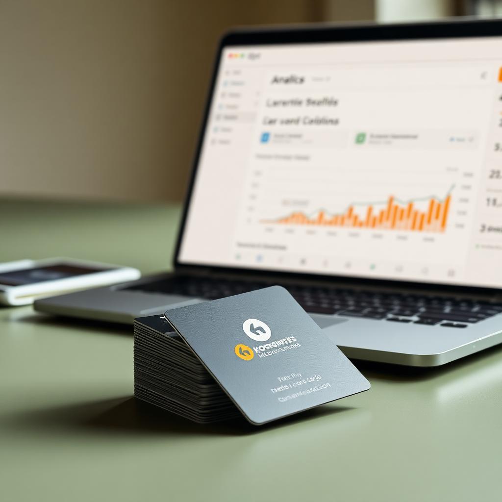 Stack of branded corporate NFC cards beside a laptop showing a lead analytics dashboard with growth charts