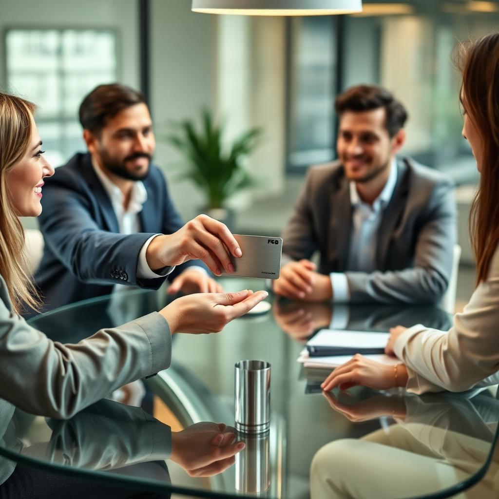 Corporate sales team handing over a brushed-metal NFC business card in a glass-walled meeting room