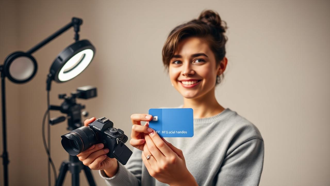 Content creator in a studio holding a CigyID with social handles