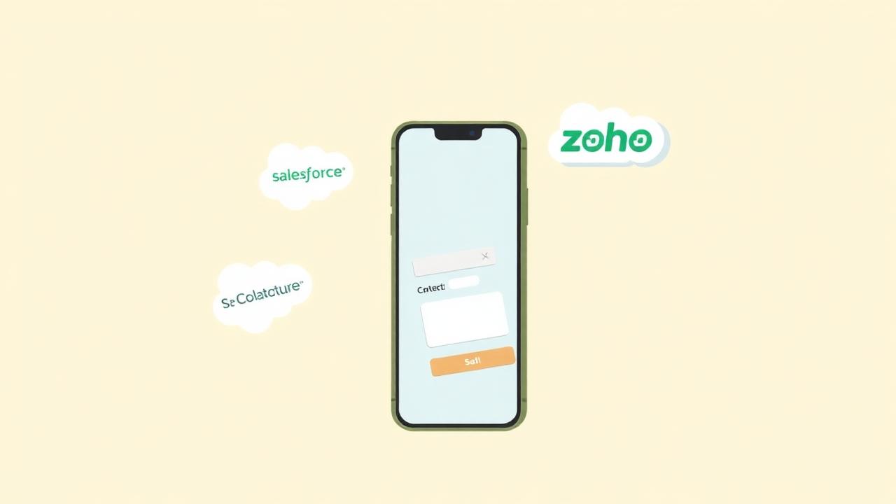 A phone showing a CigyID profile with Salesforce and Zoho cloud logos floating beside it on a warm cream background