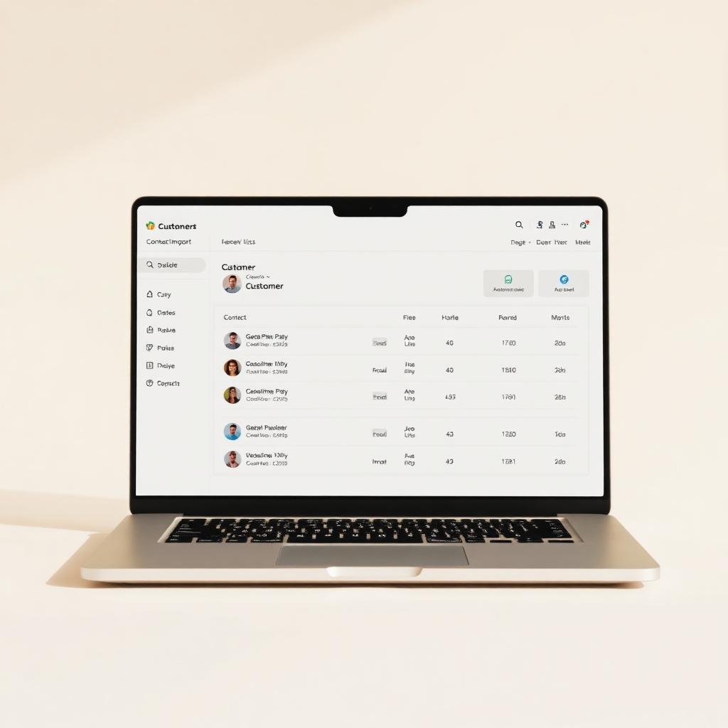 A laptop on a warm cream surface showing a clean customer management dashboard