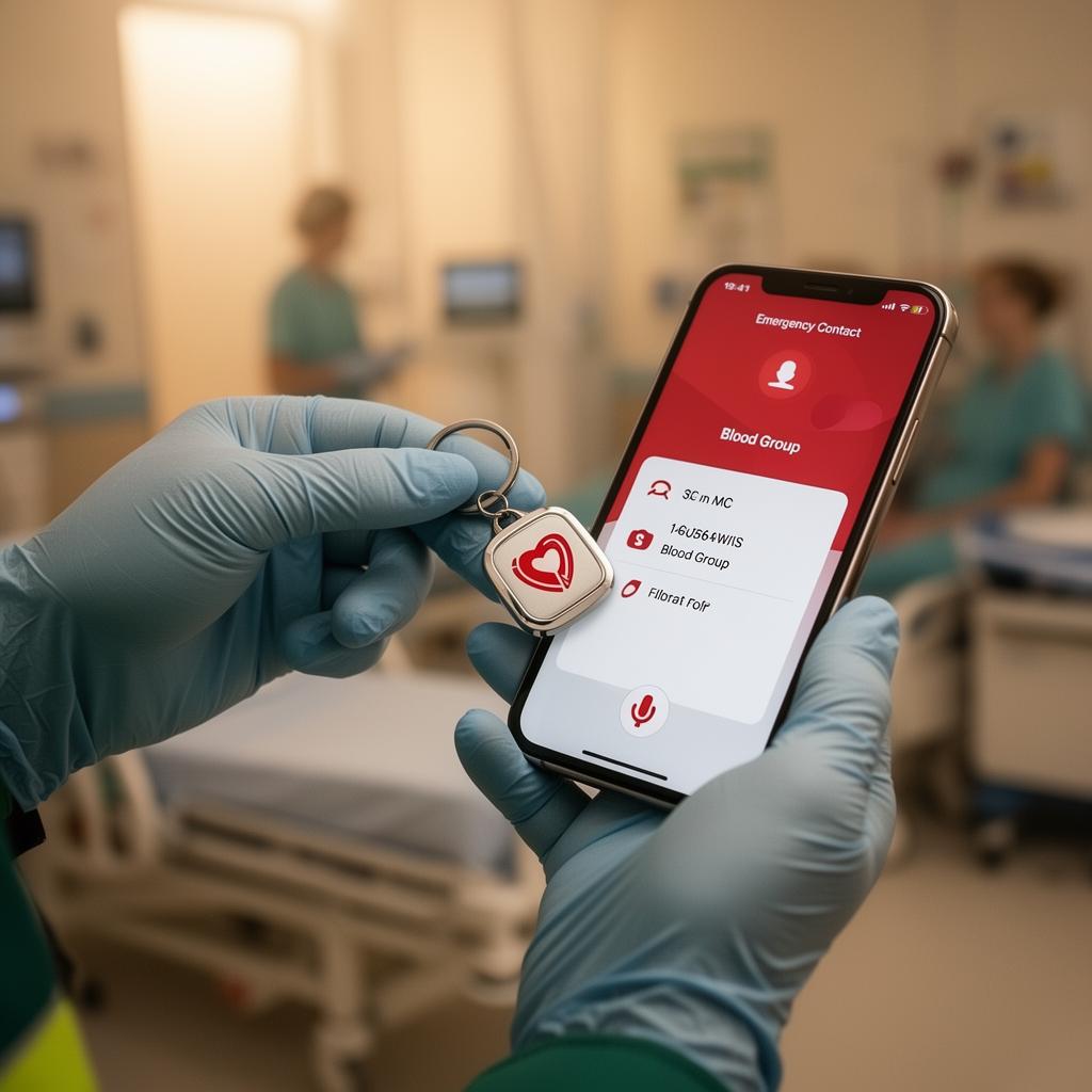 A paramedic in gloves scanning an NFC keychain to see emergency contact and blood group info