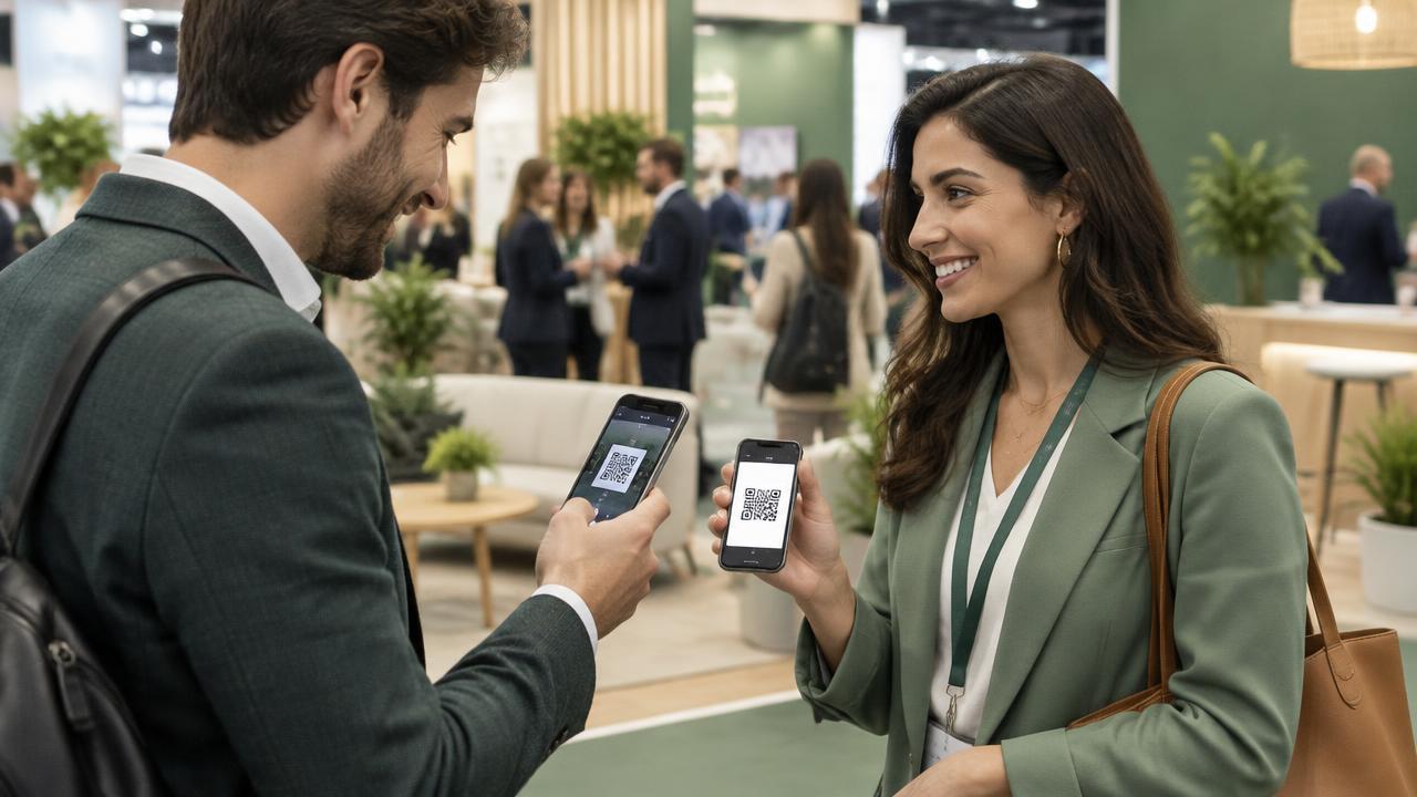 Professionals exchanging a digital contact by scanning a QR code at an event
