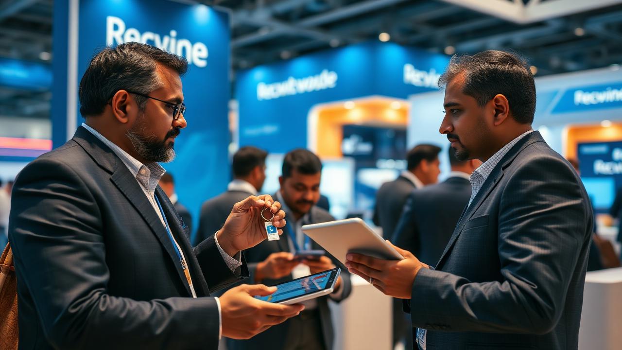 Indian field sales professionals sharing a smart profile with a prospect at a trade event