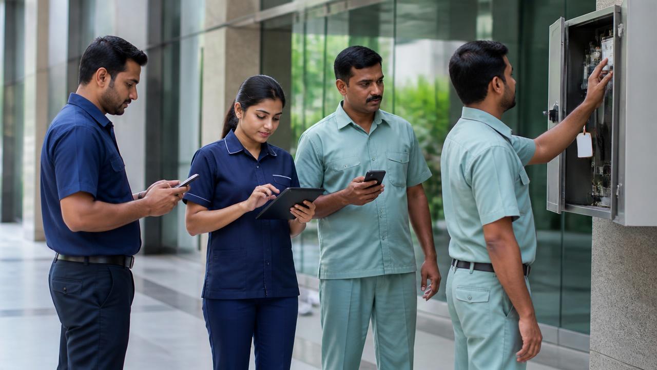 Indian field services team inspecting equipment and coordinating work using phones and a tablet