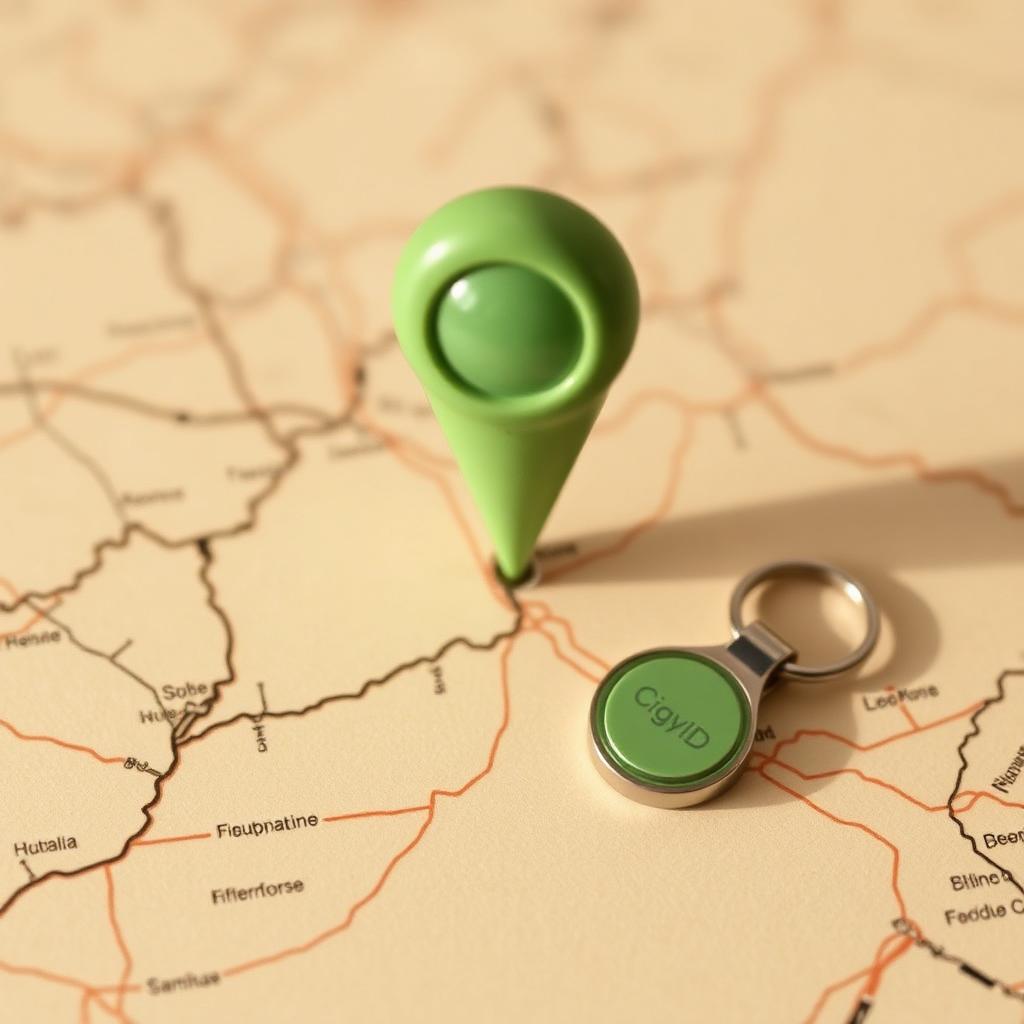 A sage green map pin standing on a soft beige paper map beside a CigyID NFC keychain