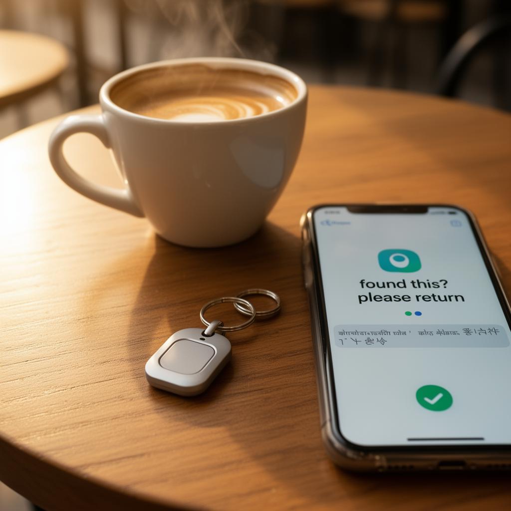 A small NFC keychain found on a cafe table with a polite return message on the phone screen