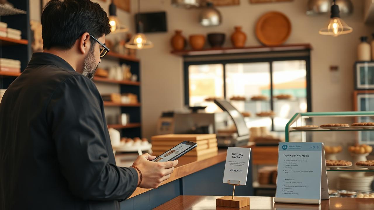 Indian neighbourhood shop owner receiving a mobile order beside a curated product display