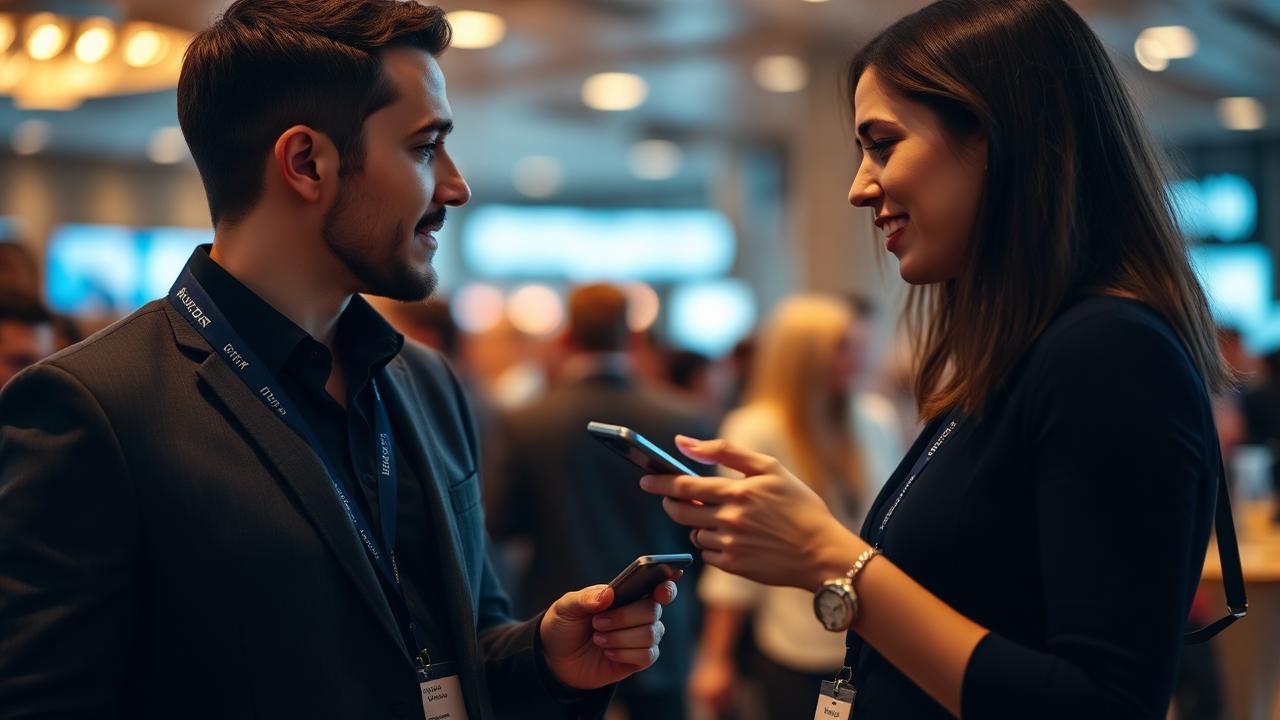 Two professionals at a networking event exchanging contact details via NFC tap