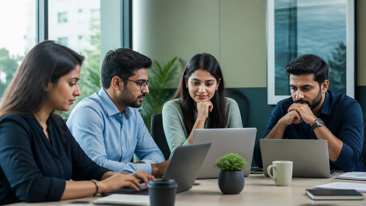 Indian HR and finance team reviewing employee and payroll information in a modern office