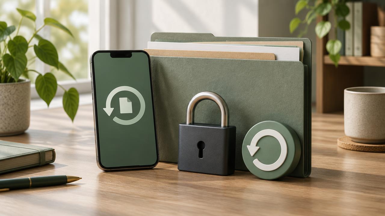 Secure digital archive represented by folders, a lock and recovery symbols