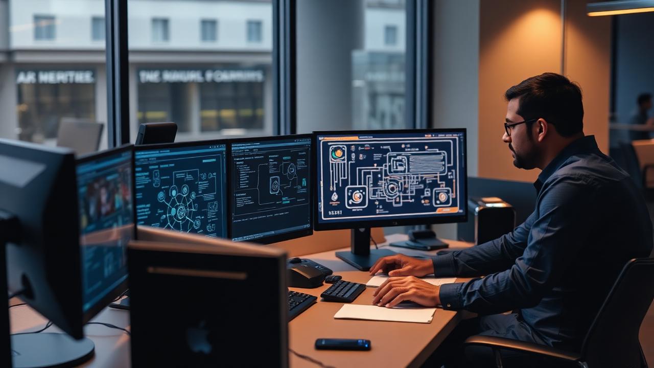 Software engineer reviewing a secured API integration and access controls on multiple monitors
