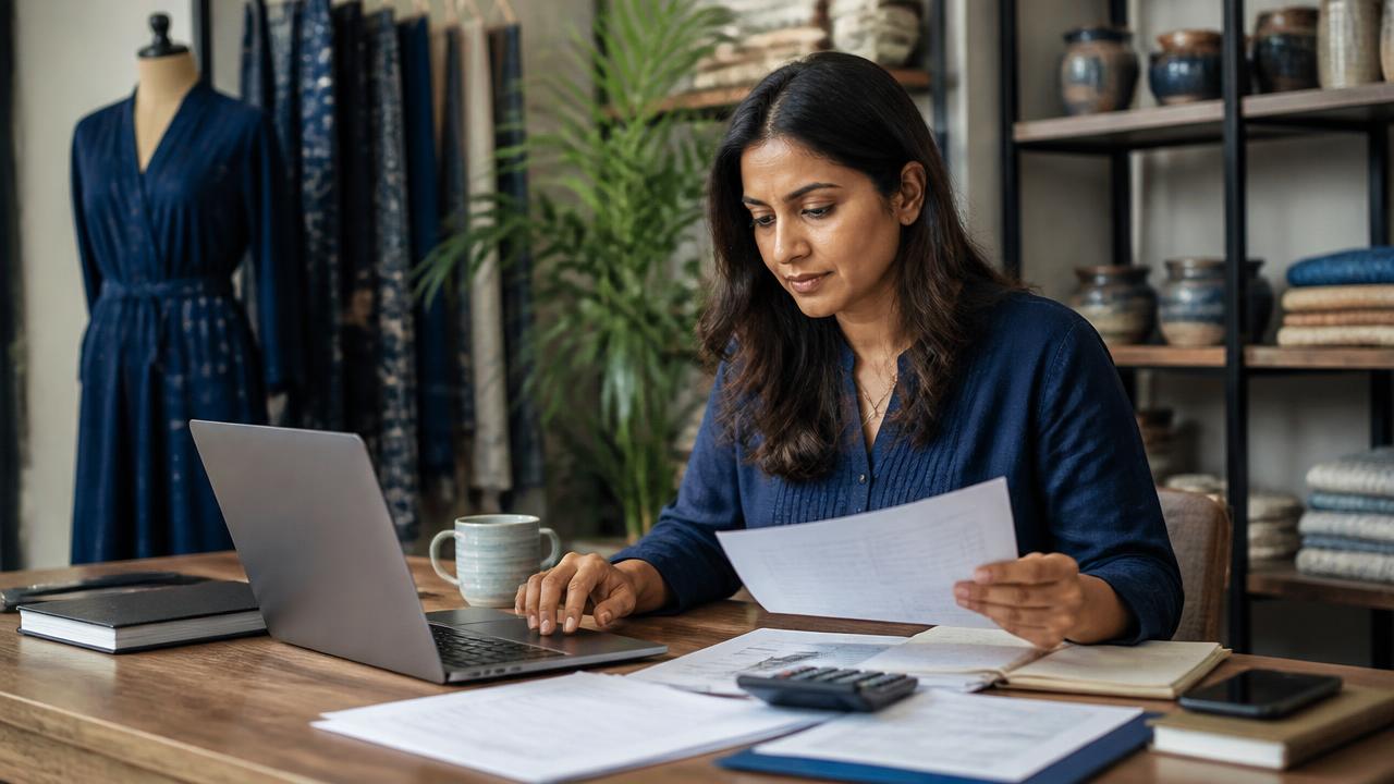 Indian small business owner reviewing invoices and accounts in a premium retail studio