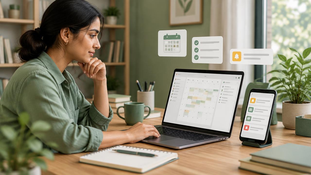 Operations professional organizing calendar tasks and notifications across laptop and phone