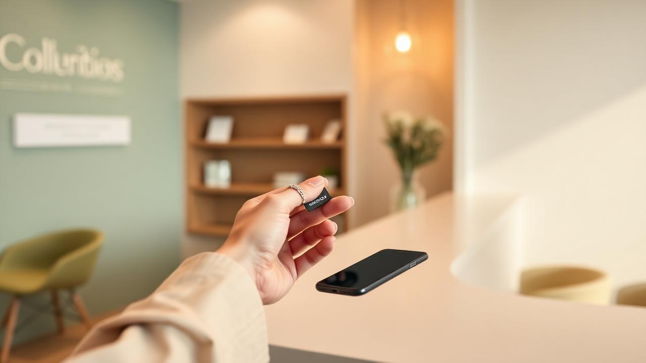 A guest tapping a CigyID NFC keychain near a phone at a sunlit boutique reception desk