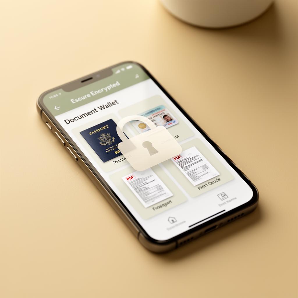 A smartphone showing a secure encrypted document wallet with a soft padlock overlay