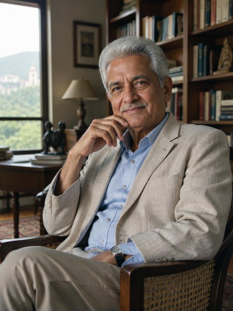 Fictional distinguished retired Indian engineer in a private library