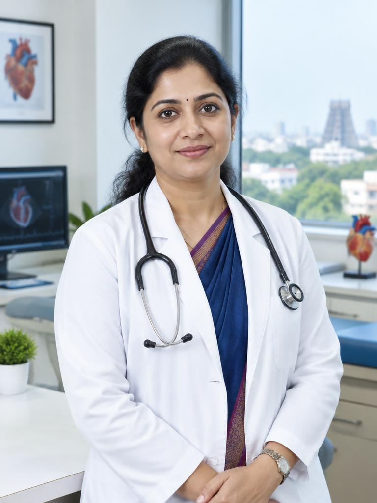 Fictional Indian cardiologist in a bright Chennai clinic