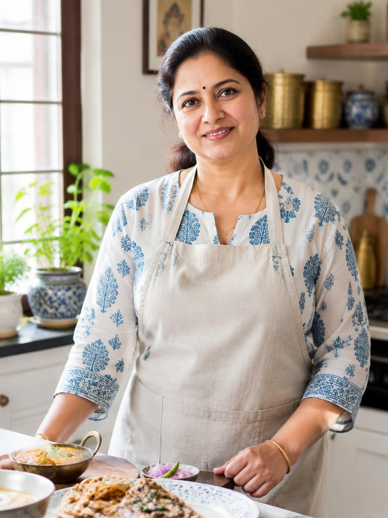 Fictional Indian home food entrepreneur in a bright Lucknow kitchen