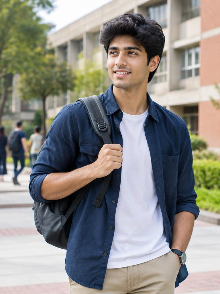 Fictional male Indian engineering student on a Delhi campus