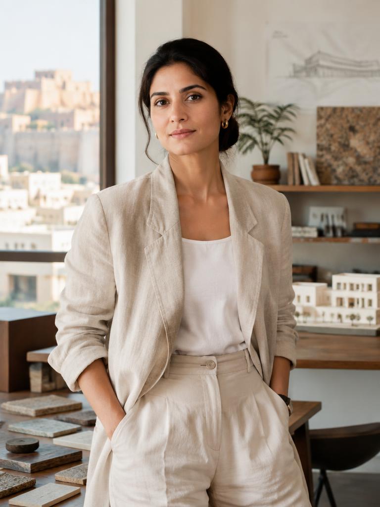 Fictional Indian architect in a minimalist Jaipur design studio