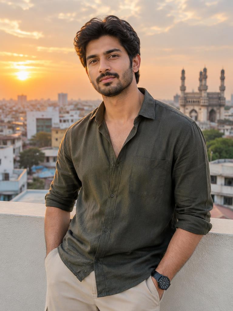 Fictional young Indian man on a Hyderabad rooftop at sunset