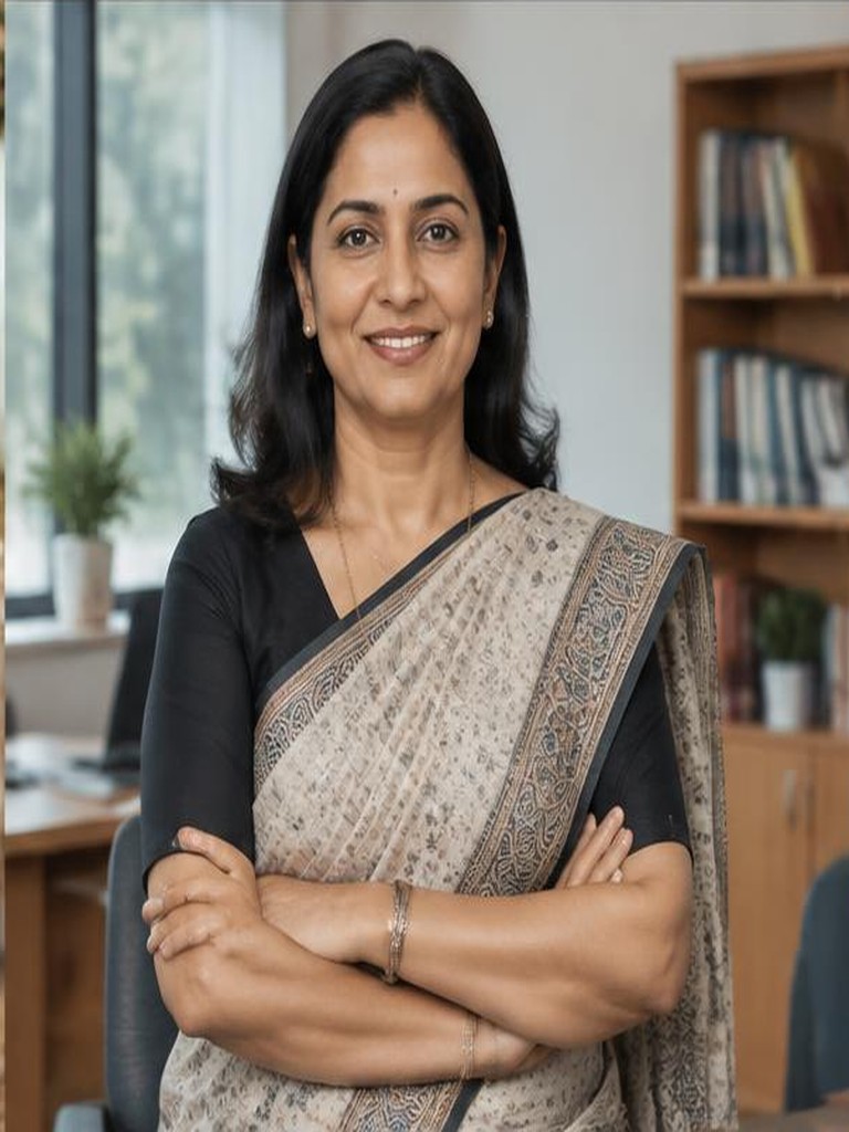 Fictional Indian school administrator on a contemporary campus