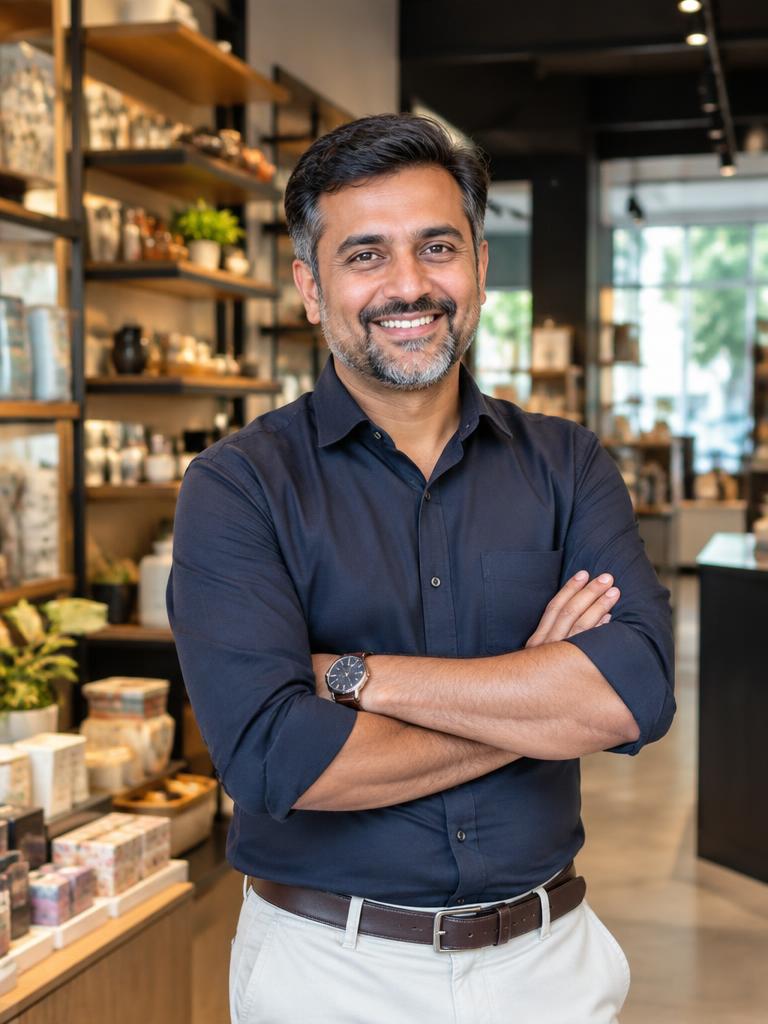 Fictional Indian shop owner in a contemporary Surat lifestyle store