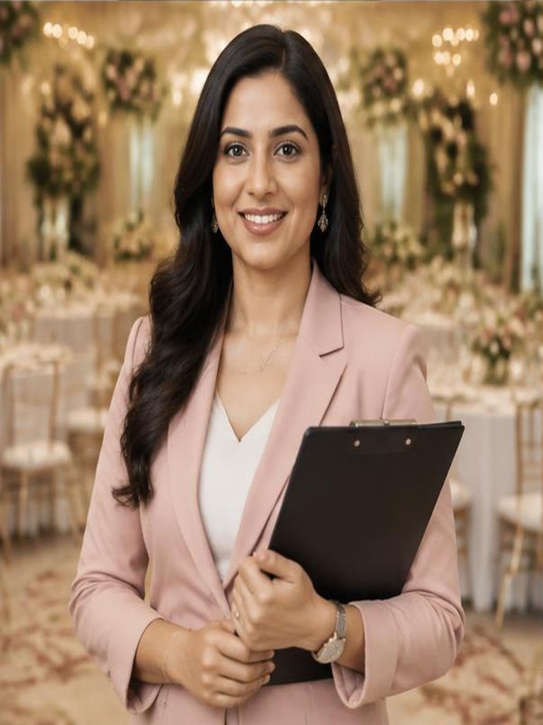 Fictional Indian event planner at an elegant celebration venue