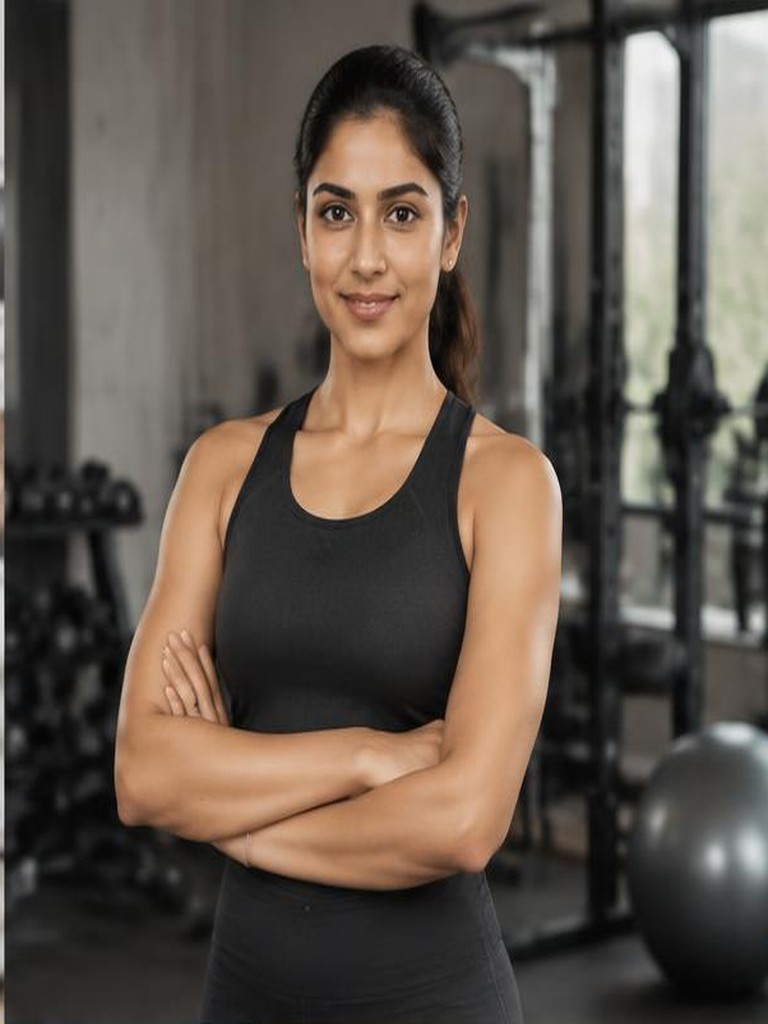 Fictional Indian fitness trainer in a bright movement studio