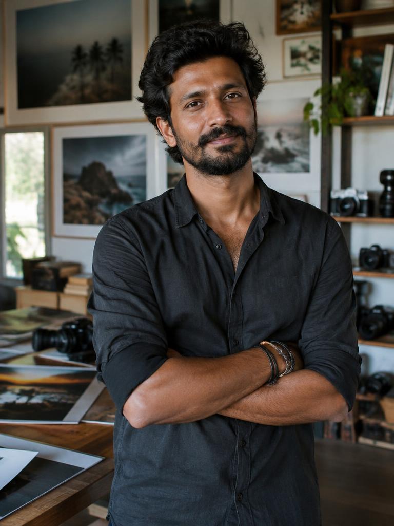 Fictional Indian creative studio owner in a Goa photography studio