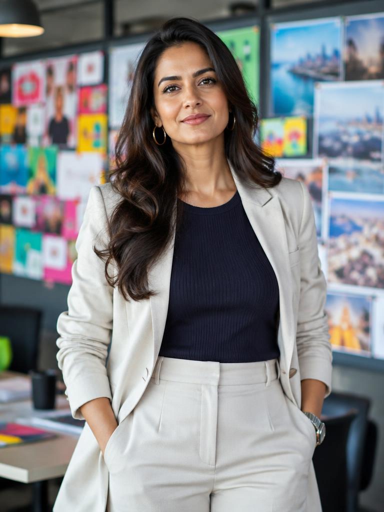 Fictional Indian chief marketing officer in a creative strategy room