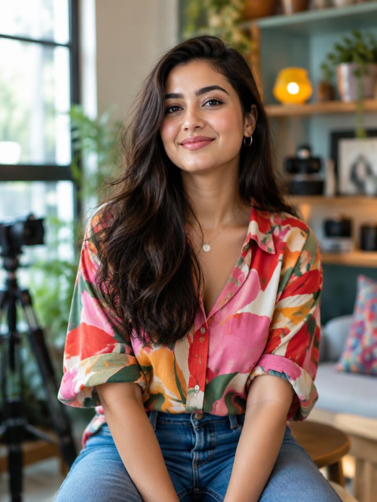 Fictional Indian content creator in a colourful home studio