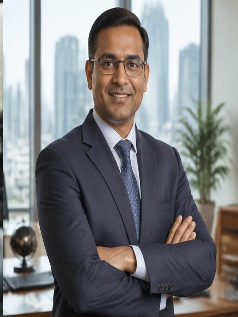 Fictional Indian financial adviser in a calm private office